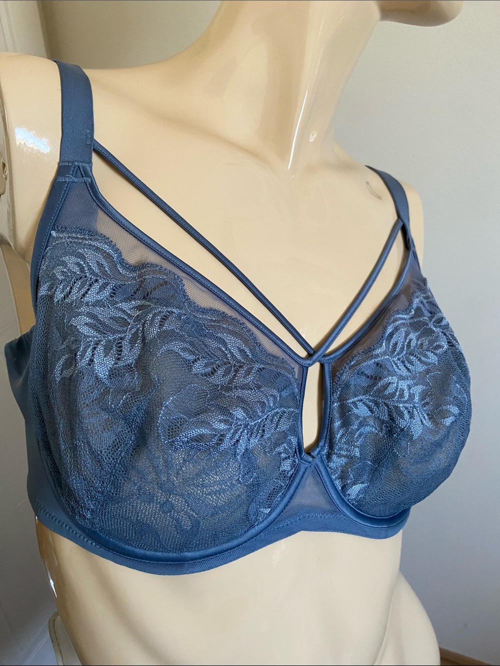 34G understance Lace Underwire Bra with Decorative Straps - Blue